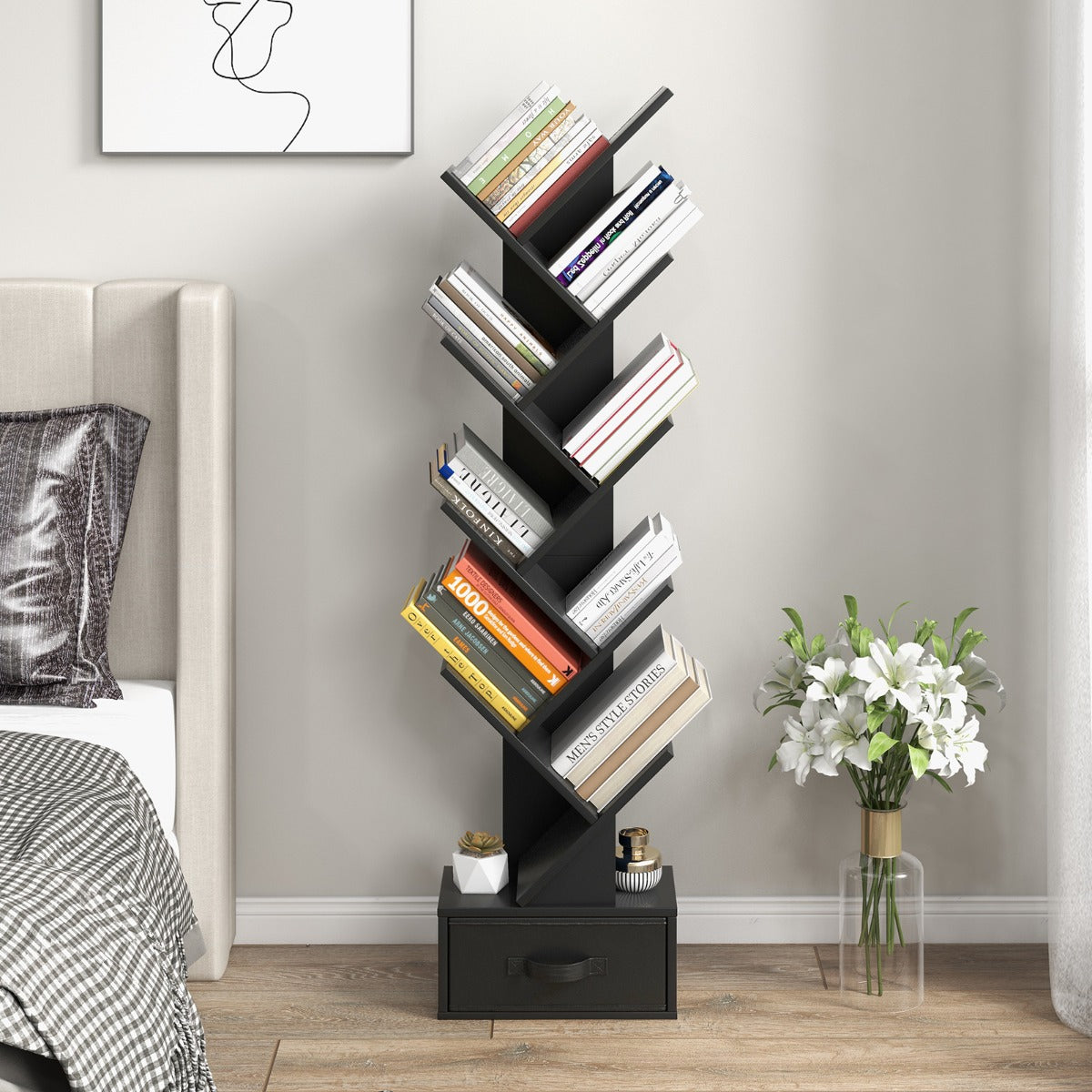 10-Tier Tree-Shaped Bookcase with Drawer, 1.5m Tall, Black