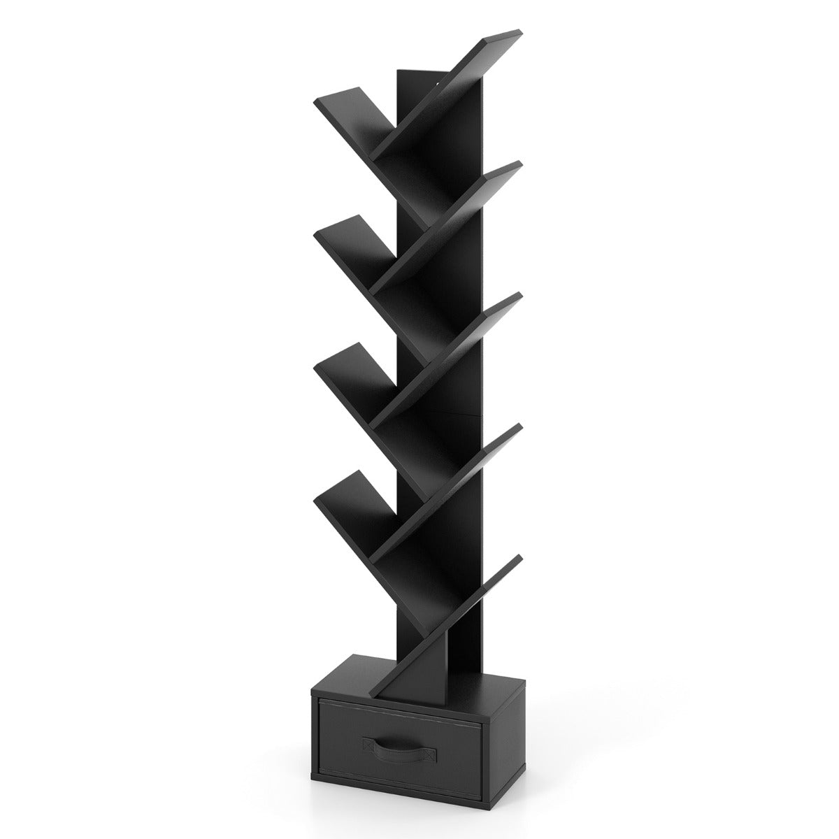 10-Tier Tree-Shaped Bookcase with Drawer, 1.5m Tall, Black