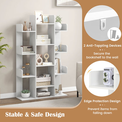 Tree Bookshelf with 13 Open Shelves for Living Room Study or Office-White