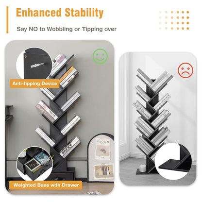 10-Tier Tree-Shaped Bookcase with Drawer, 1.5m Tall, Black