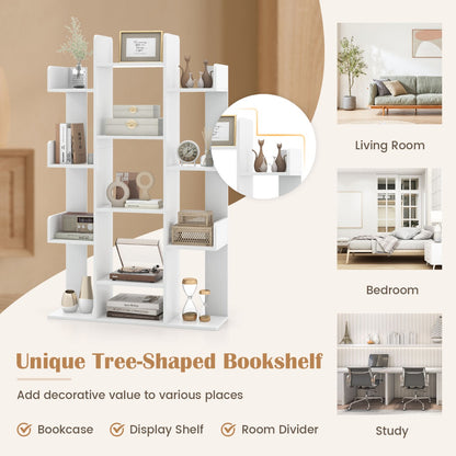 Tree Bookshelf with 13 Open Shelves for Living Room Study or Office-White