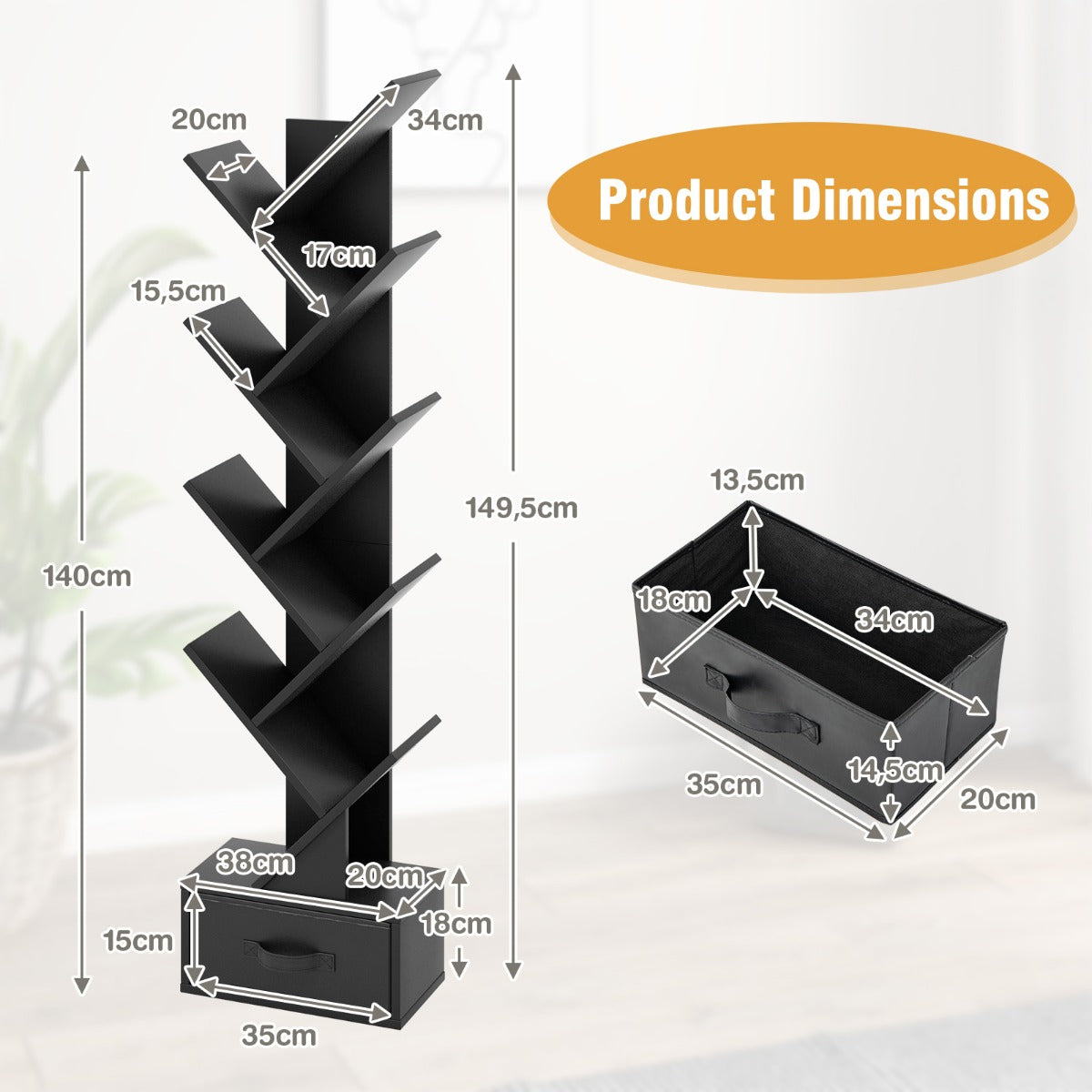 10-Tier Tree-Shaped Bookcase with Drawer, 1.5m Tall, Black