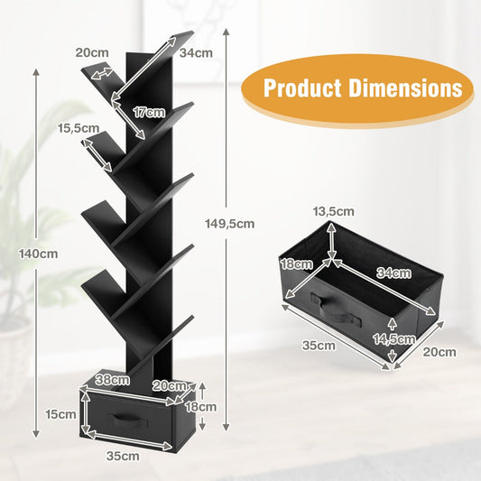 10-Tier Tree-Shaped Bookcase with Drawer, 1.5m Tall, Black