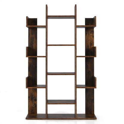 Tree Bookshelf with 13 Open Shelves for Living Room Study Office-Rustic Brown