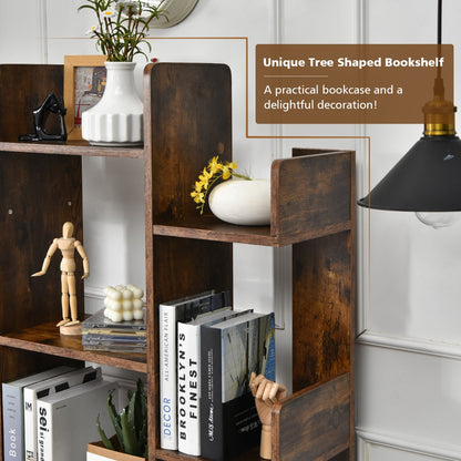 Tree Bookshelf with 13 Open Shelves for Living Room Study Office-Rustic Brown