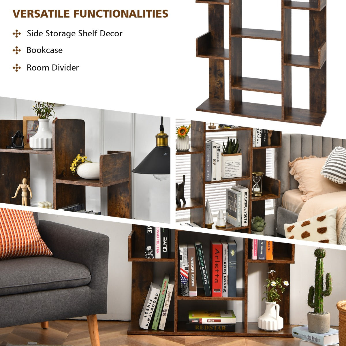 Tree Bookshelf with 13 Open Shelves for Living Room Study Office-Rustic Brown