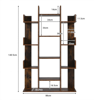 Tree Bookshelf with 13 Open Shelves for Living Room Study Office-Rustic Brown
