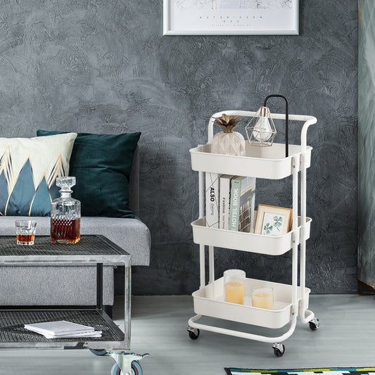 Costway 3-Tier Kitchen Trolley Cart on Wheels with ABS Mesh Basket and Metal Frame for Office, Bedroom-White