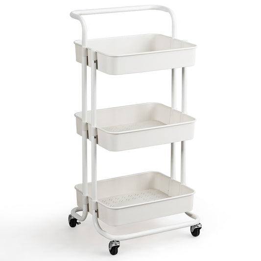 Costway 3-Tier Kitchen Trolley Cart on Wheels with ABS Mesh Basket and Metal Frame for Office, Bedroom-White