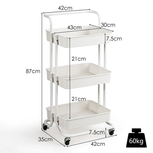 Three-tier metal rolling cart with large ABS mesh baskets for daily essentials and household supplies