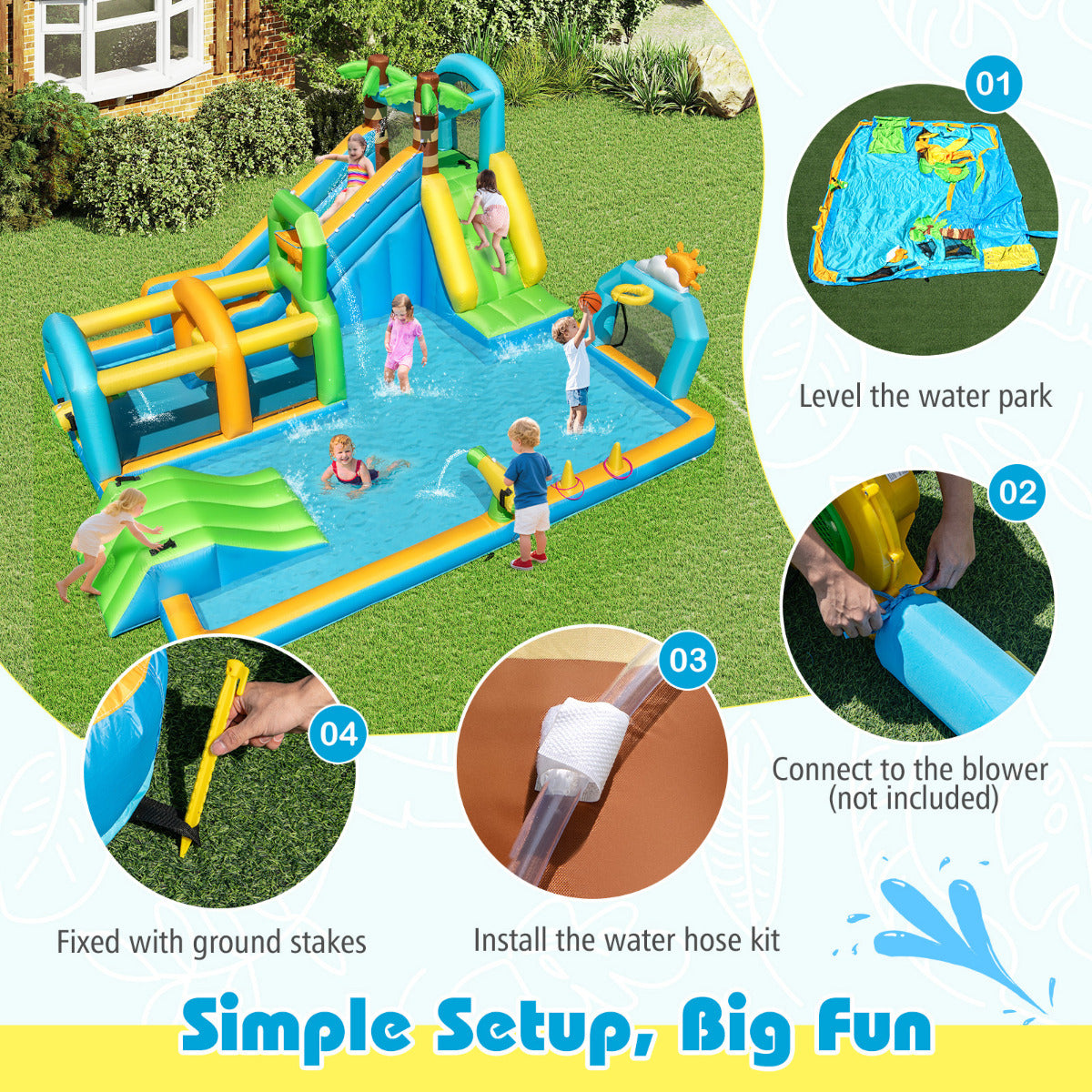 Tropical Theme Dual Slide Aqua Park with Splash Pool Blower Excluded