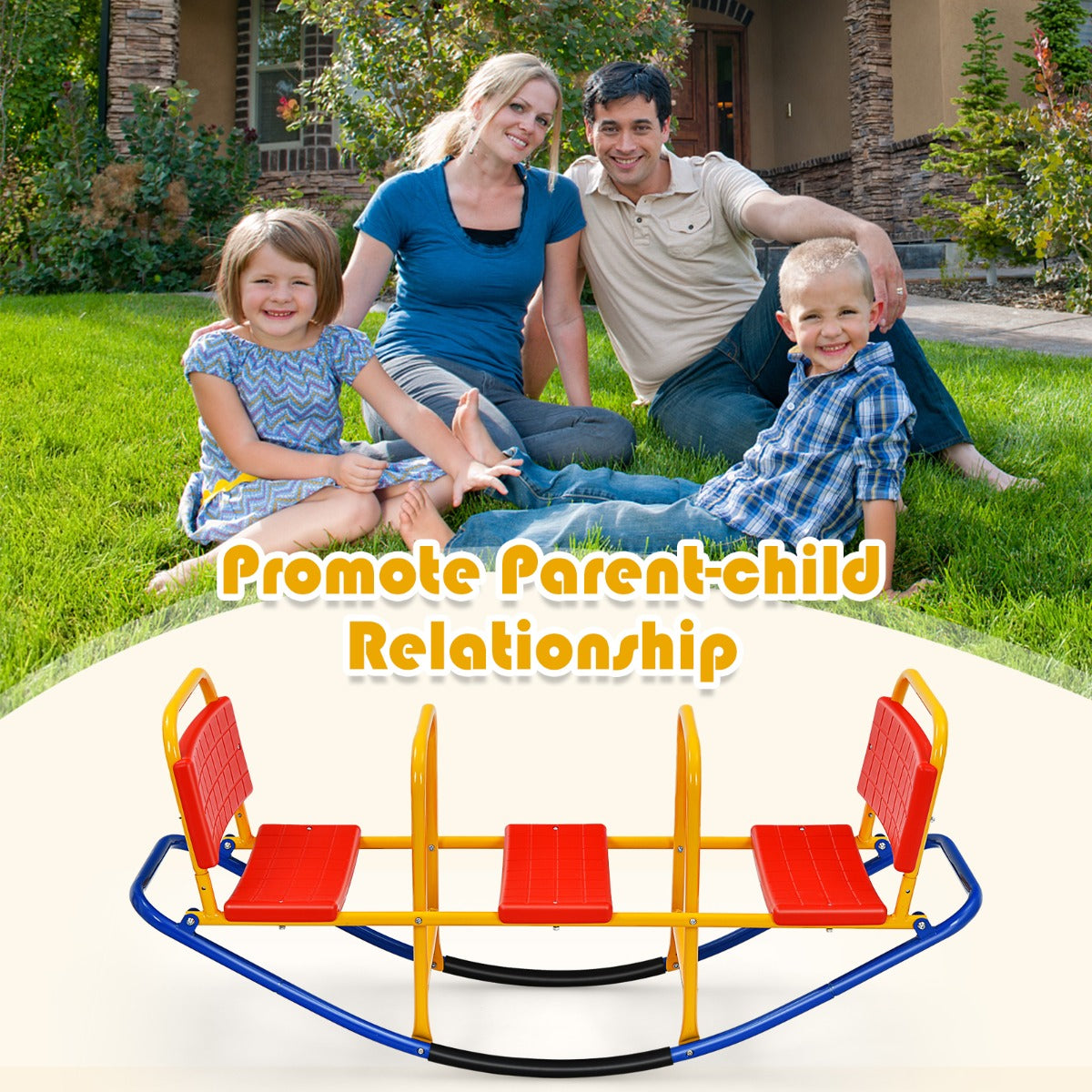 Kids Metal Rocking Seesaw with Handlebars for Indoor & Outdoor Play-Red
