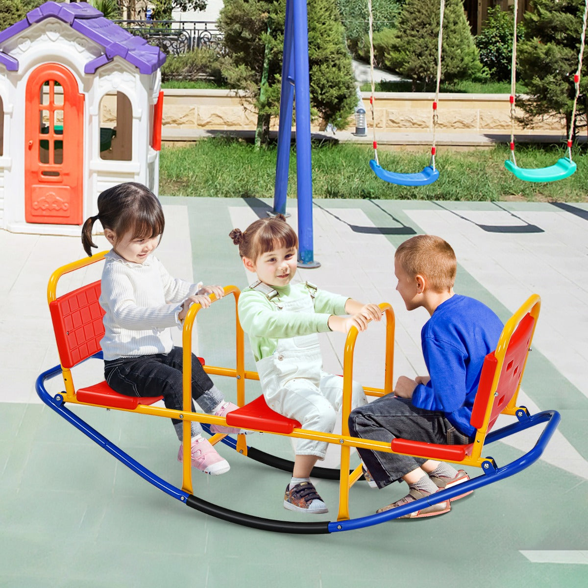 Kids Metal Rocking Seesaw with Handlebars for Indoor & Outdoor Play-Red