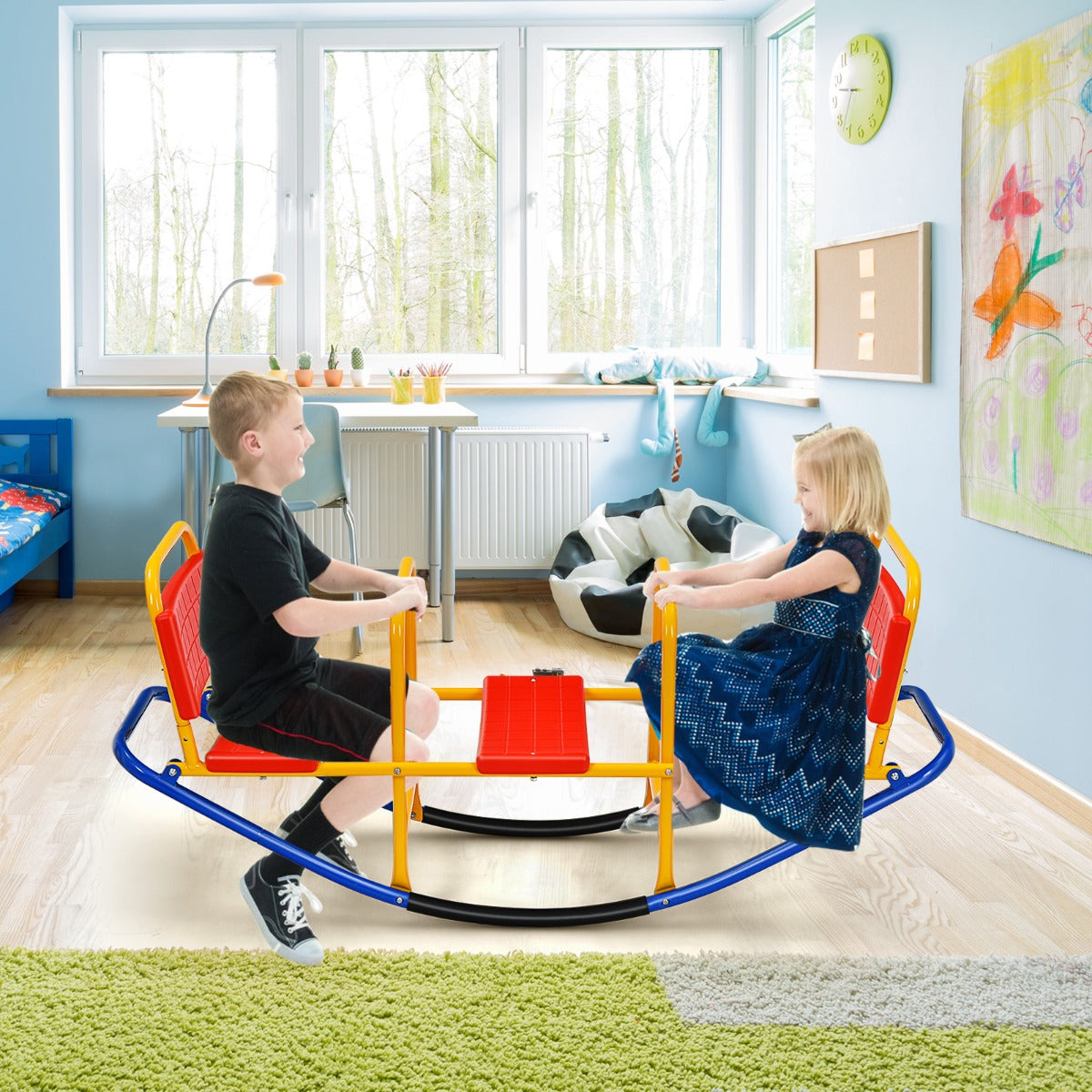 Kids Metal Rocking Seesaw with Handlebars for Indoor & Outdoor Play-Red