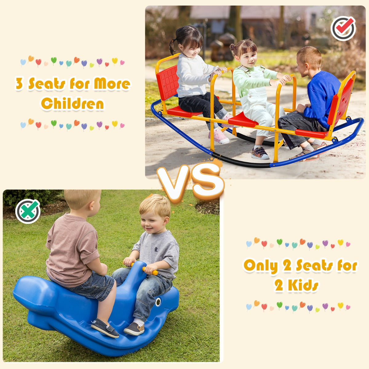 Kids Metal Rocking Seesaw with Handlebars for Indoor & Outdoor Play-Red