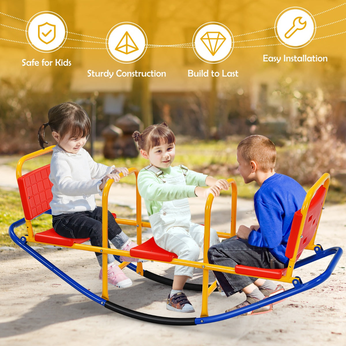 Kids Metal Rocking Seesaw with Handlebars for Indoor & Outdoor Play-Red