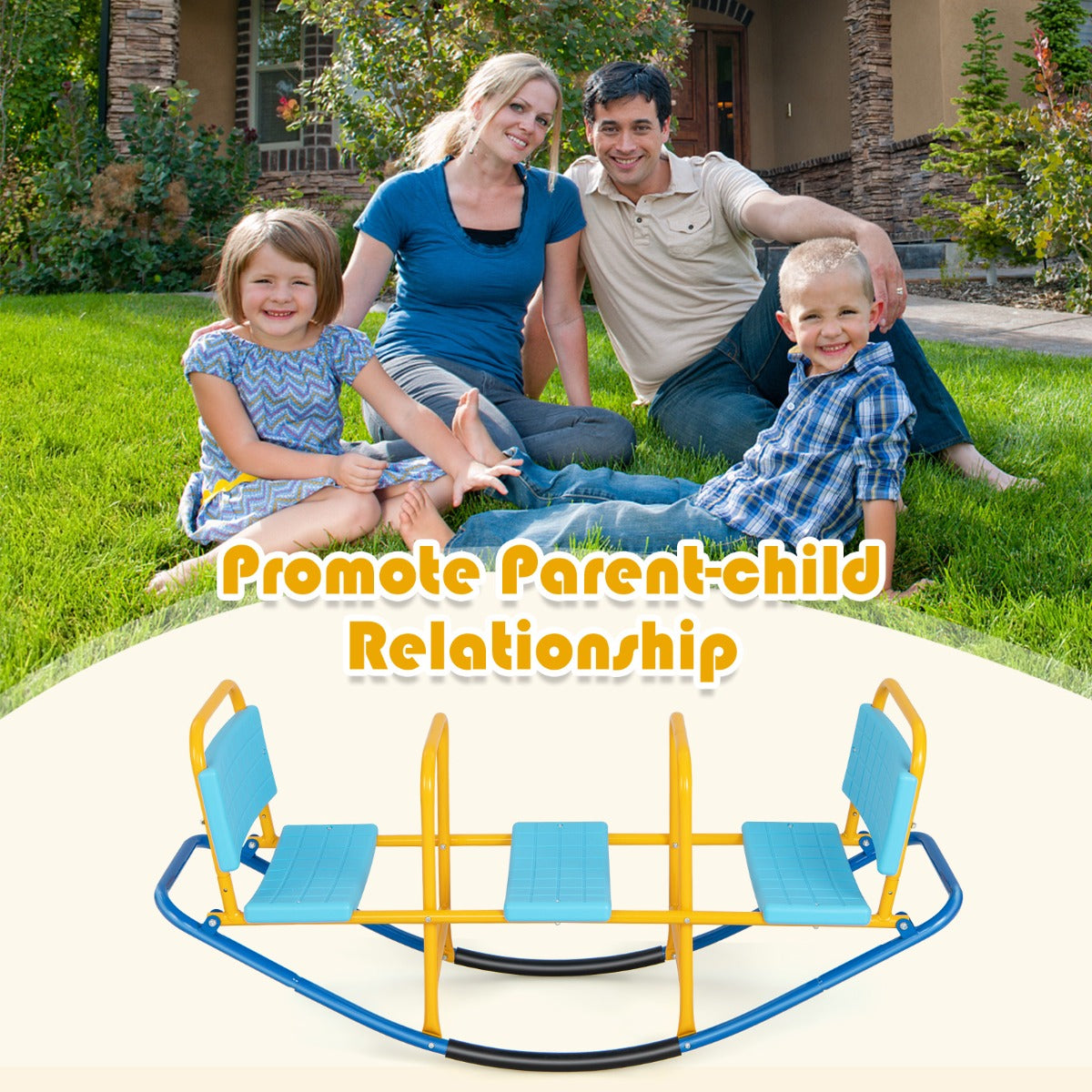 Kids Metal Rocking Seesaw with Handlebars for Indoor &amp; Outdoor Play-Blue