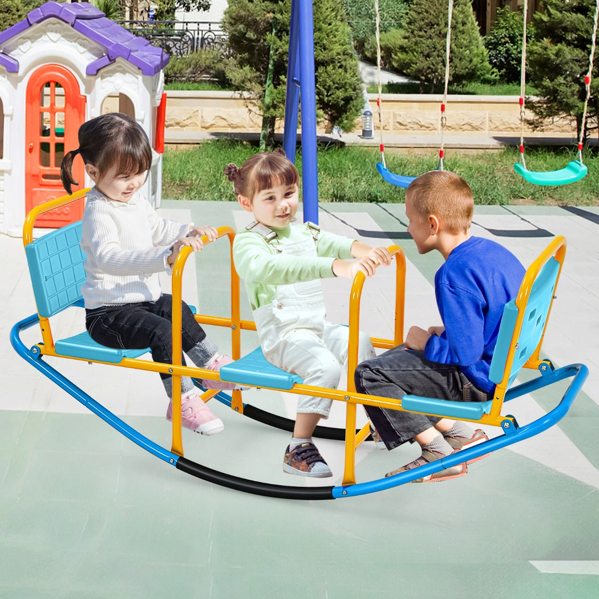 Kids Metal Rocking Seesaw with Handlebars for Indoor &amp; Outdoor Play-Blue