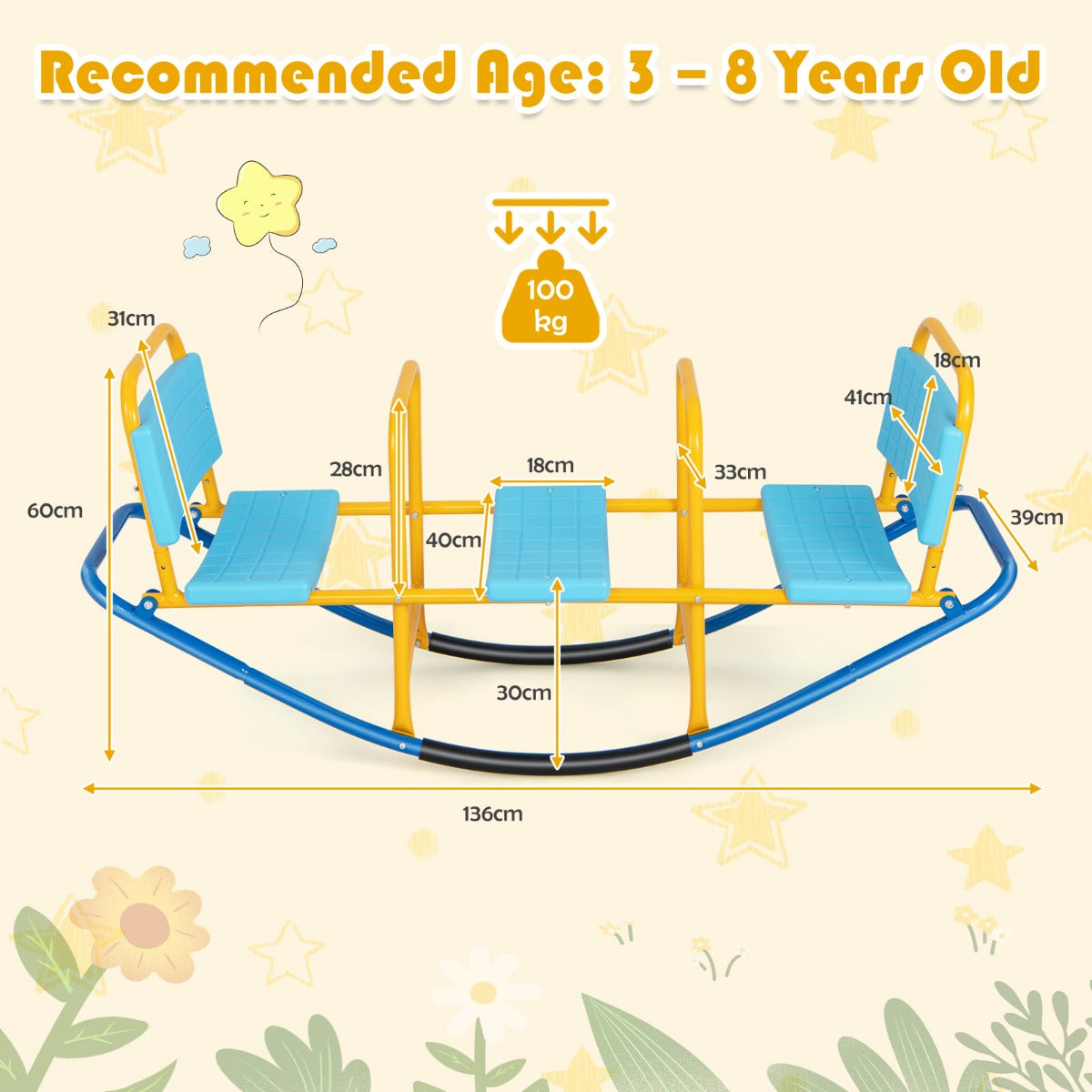 Kids Metal Rocking Seesaw with Handlebars for Indoor &amp; Outdoor Play-Blue
