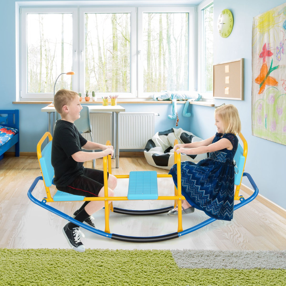 Kids Metal Rocking Seesaw with Handlebars for Indoor &amp; Outdoor Play-Blue