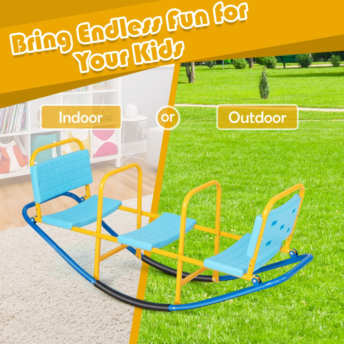 Kids Metal Rocking Seesaw with Handlebars for Indoor &amp; Outdoor Play-Blue