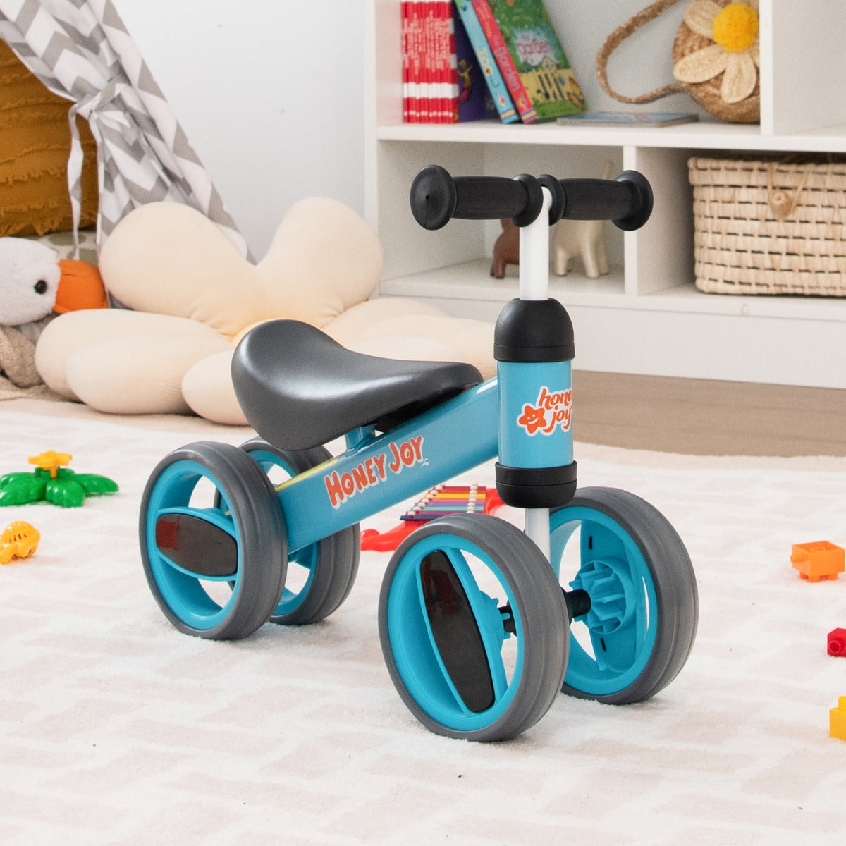 Baby Balance Bike with 4 Wheels &amp; Limited Steering for 1-2 Years Old-Blue
