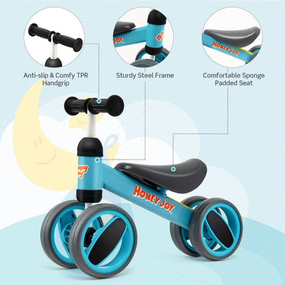 Baby Balance Bike with 4 Wheels &amp; Limited Steering for 1-2 Years Old-Blue