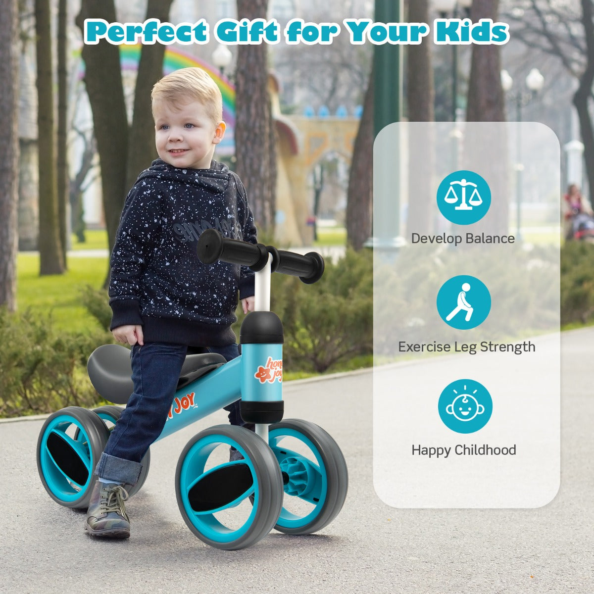Baby Balance Bike with 4 Wheels &amp; Limited Steering for 1-2 Years Old-Blue