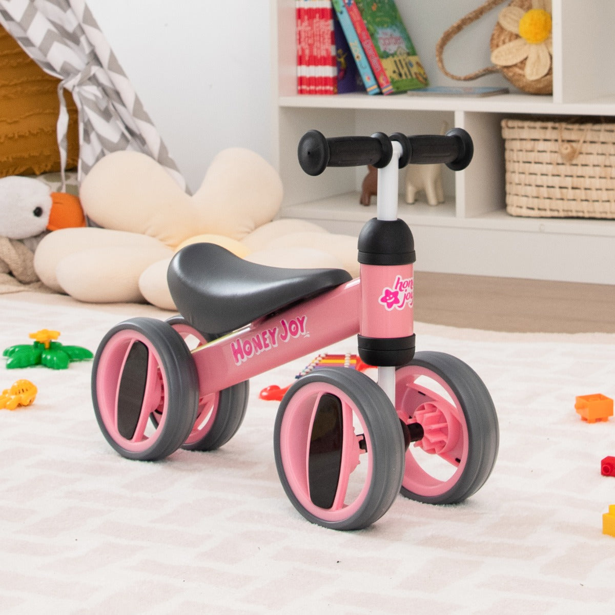 Baby Balance Bike with 4 Wheels &amp; Limited Steering for 1-2 Years Old-Pink
