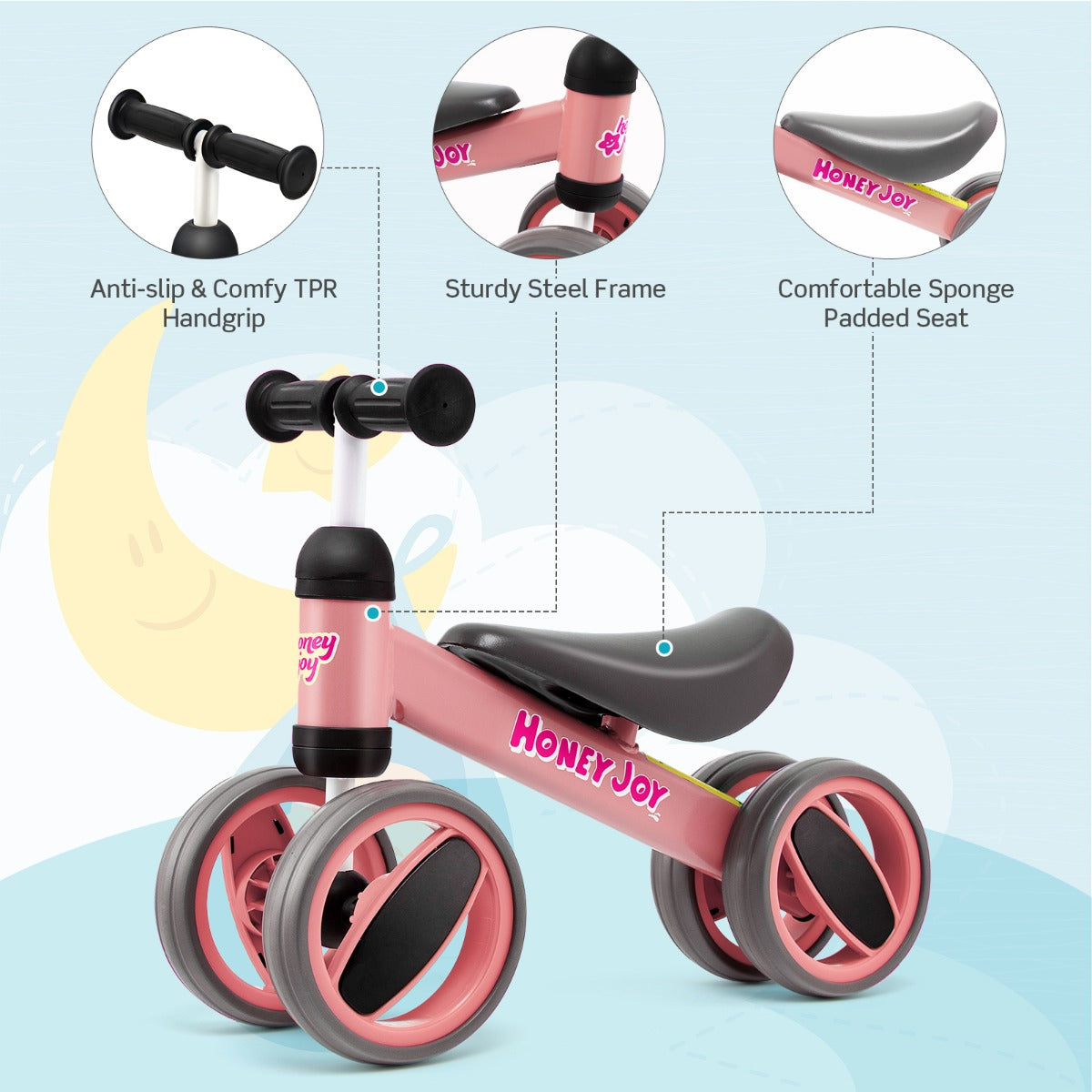 Baby Balance Bike with 4 Wheels &amp; Limited Steering for 1-2 Years Old-Pink