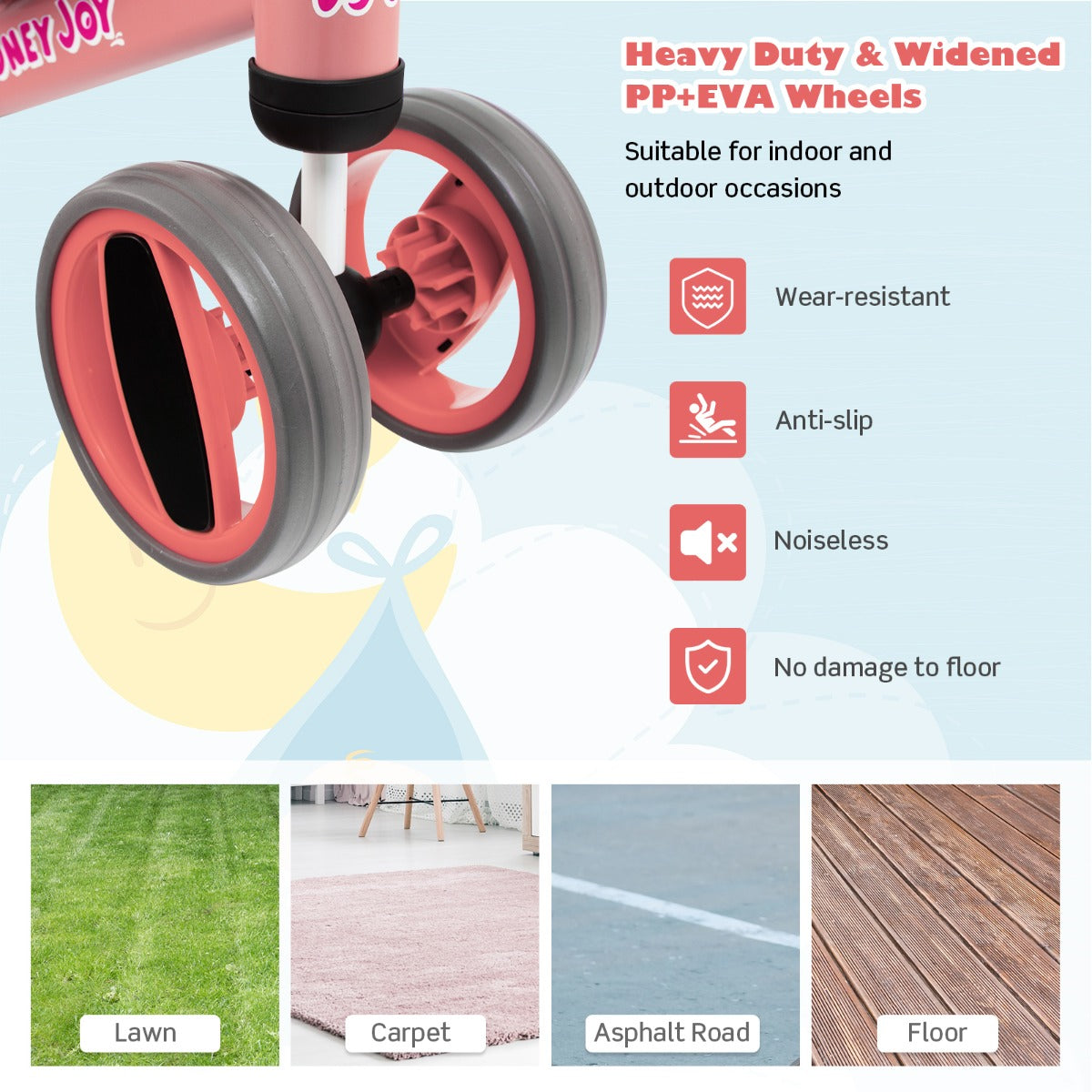 Baby Balance Bike with 4 Wheels &amp; Limited Steering for 1-2 Years Old-Pink