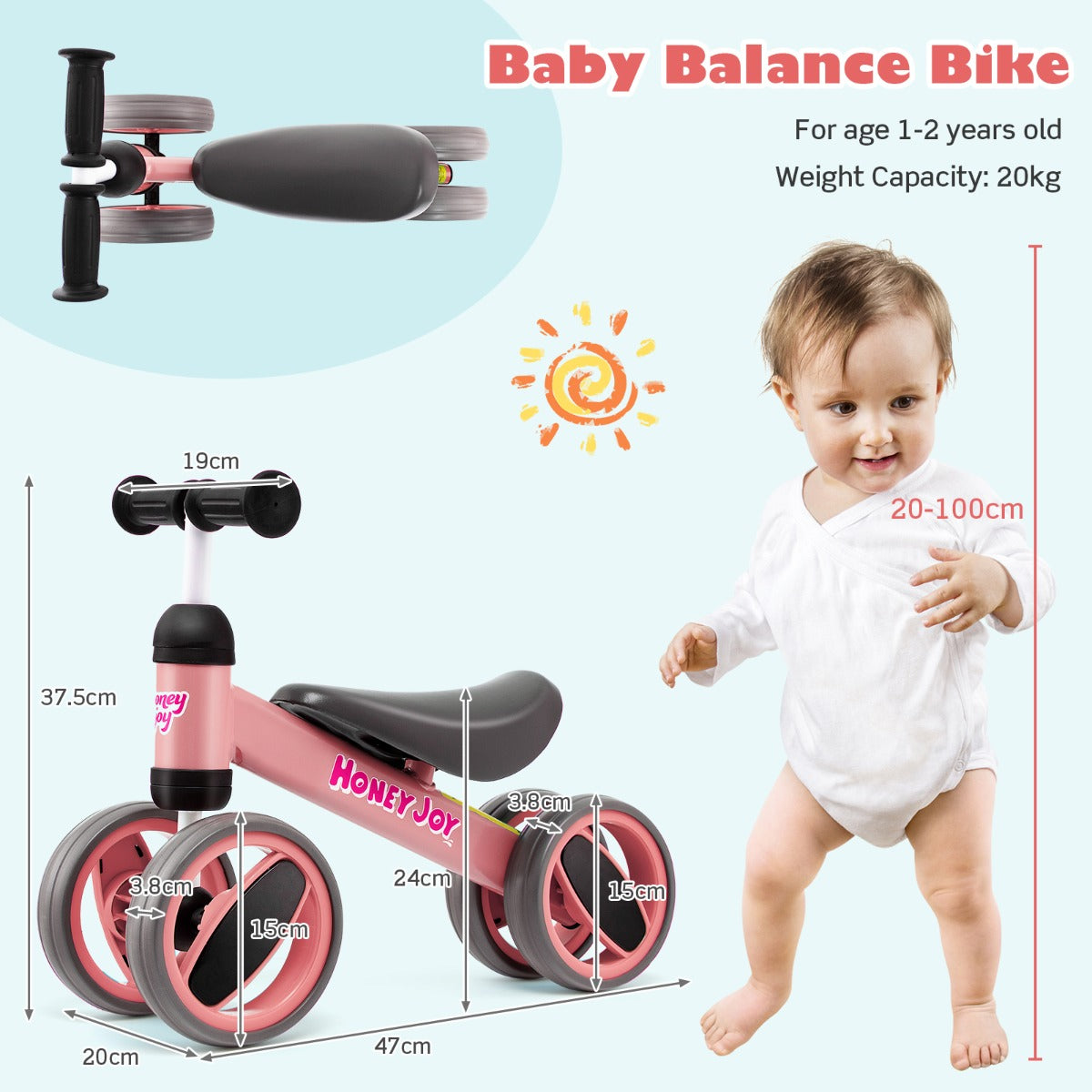 Baby Balance Bike with 4 Wheels &amp; Limited Steering for 1-2 Years Old-Pink