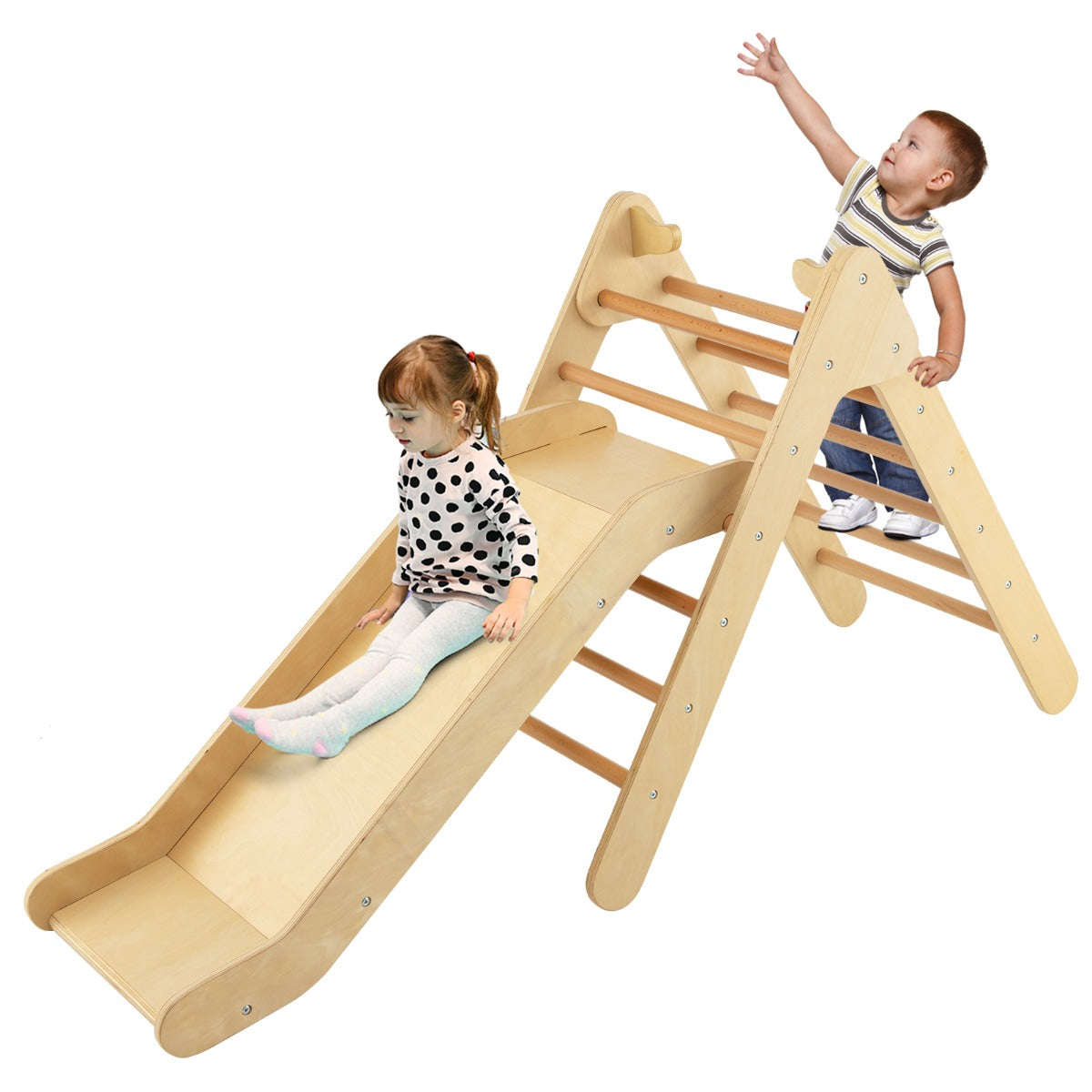 2 in 1 Kids Wooden Climbing Triangle Set with Slide-Natural