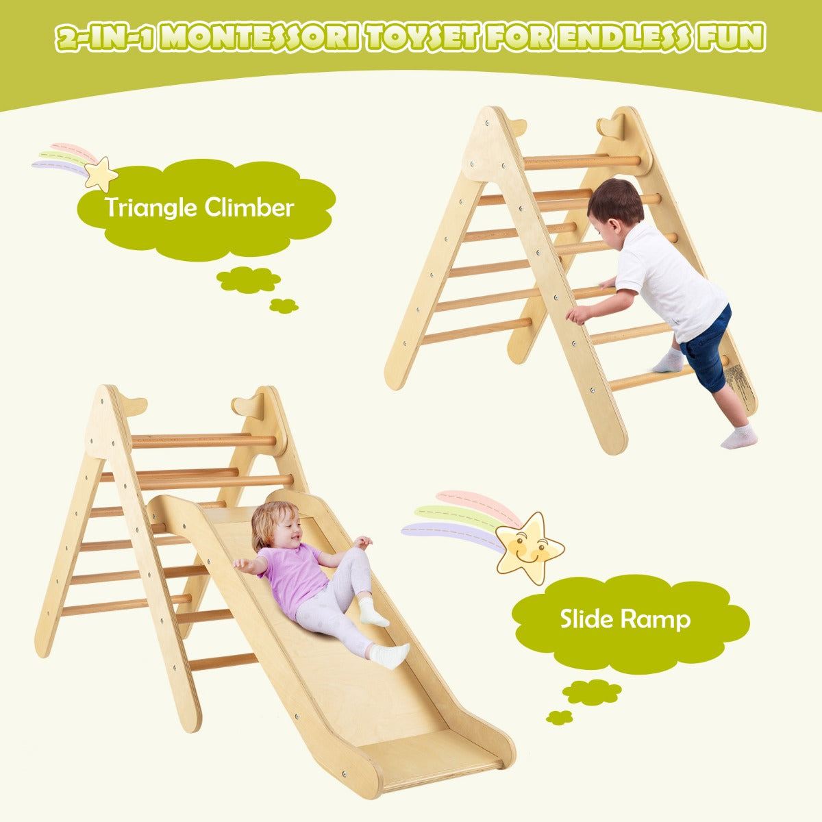 2 in 1 Kids Wooden Climbing Triangle Set with Slide-Natural