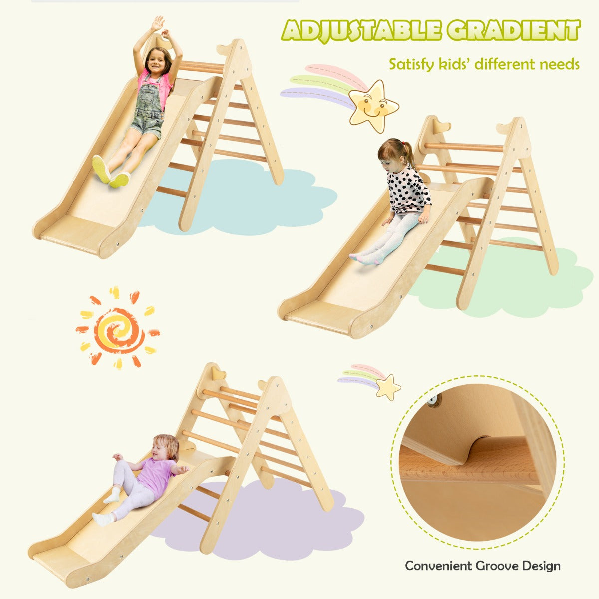 2 in 1 Kids Wooden Climbing Triangle Set with Slide-Natural