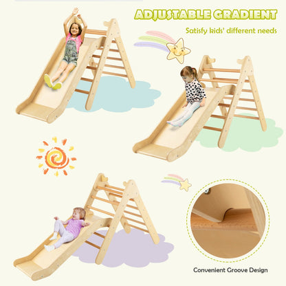 2 in 1 Kids Wooden Climbing Triangle Set with Slide-Natural