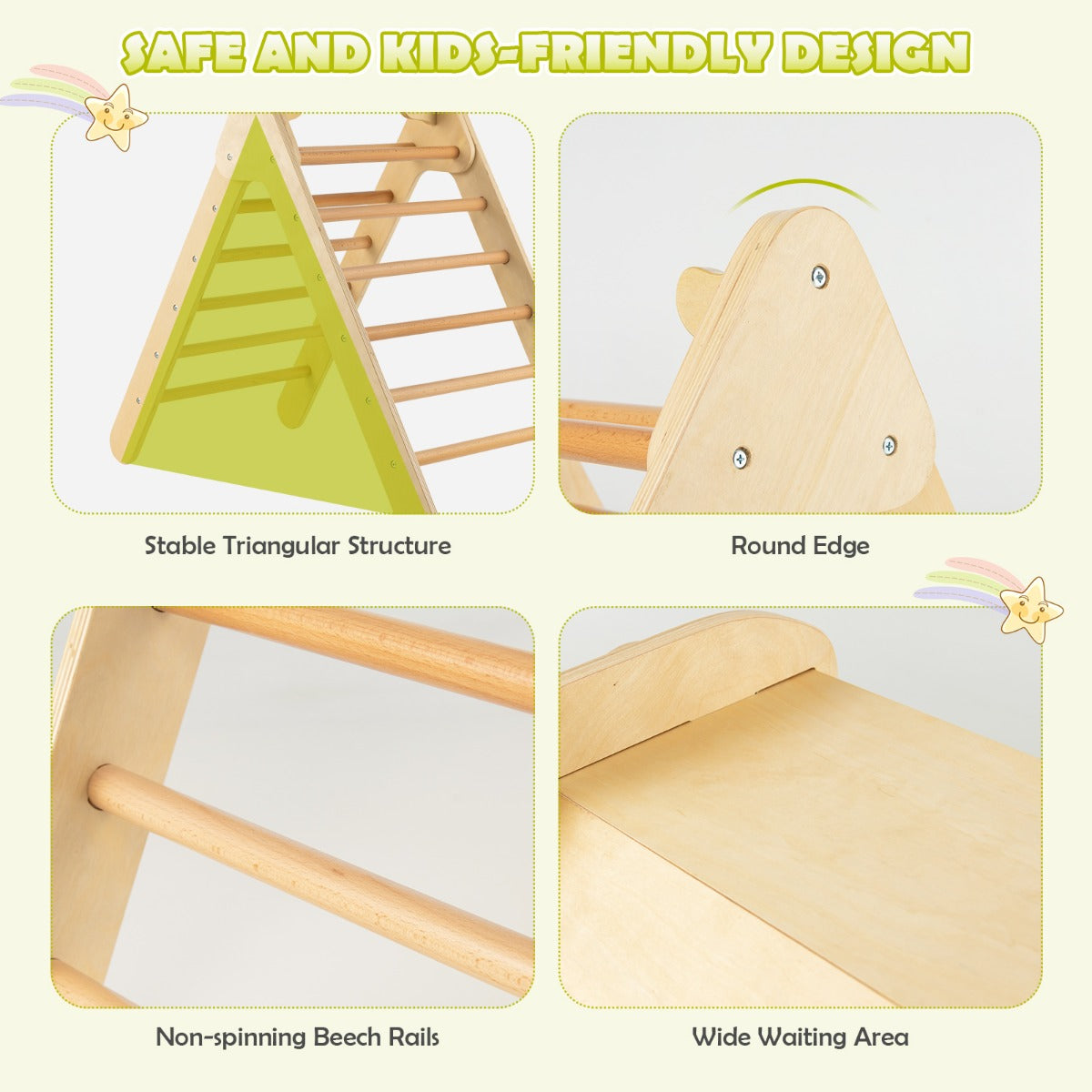 2 in 1 Kids Wooden Climbing Triangle Set with Slide-Natural