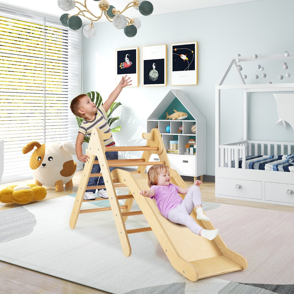 2 in 1 Kids Wooden Climbing Triangle Set with Slide-Natural
