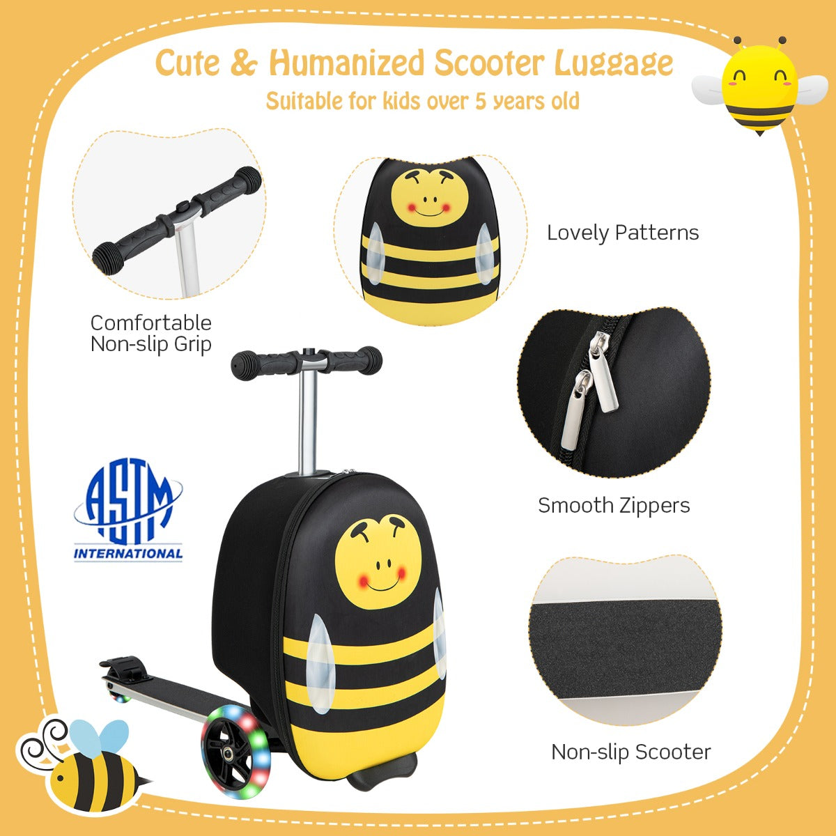 Costway 2-IN-1 Skateboard Luggage with 3 Color Lighted Wheels for Kids-Yellow