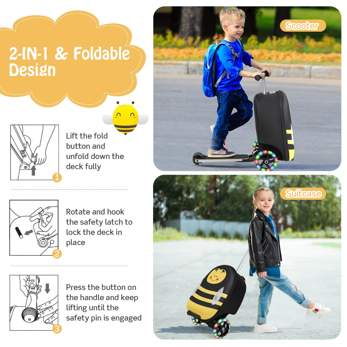 Costway 2-IN-1 Skateboard Luggage with 3 Color Lighted Wheels for Kids-Yellow