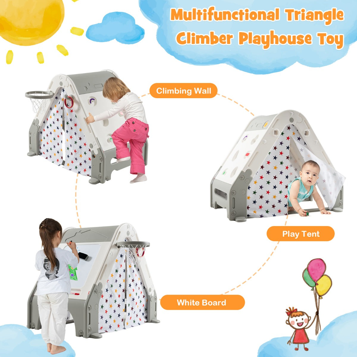 Kid's Triangle Climber with Tent Cover & White Board & Basketball Hoop & Soccer Gate