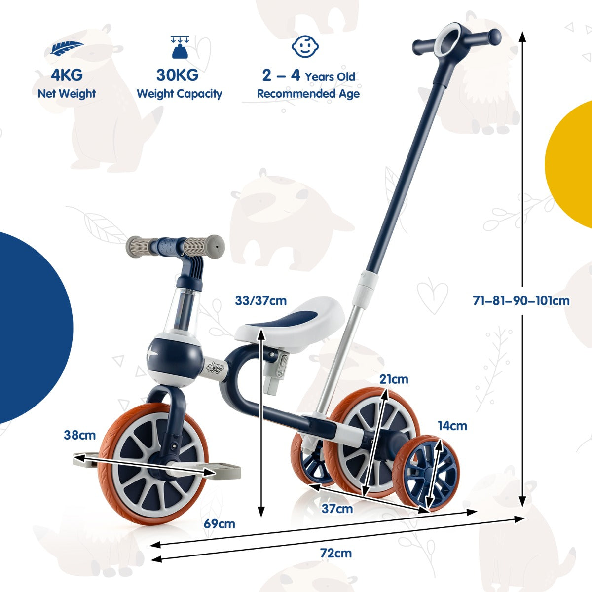 4-in-1 Kids Trike Bike with Adjustable Parent Push Handle for Kids Aged 2-4-Navy
