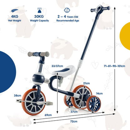 4-in-1 Kids Trike Bike with Adjustable Parent Push Handle for Kids Aged 2-4-Navy