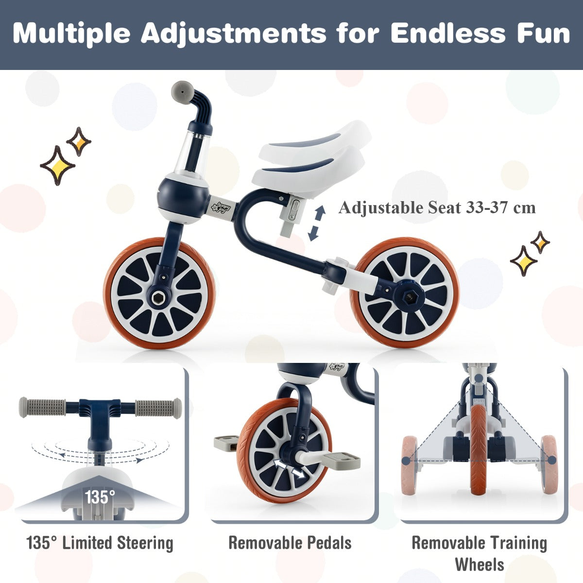 4-in-1 Kids Trike Bike with Adjustable Parent Push Handle for Kids Aged 2-4-Navy