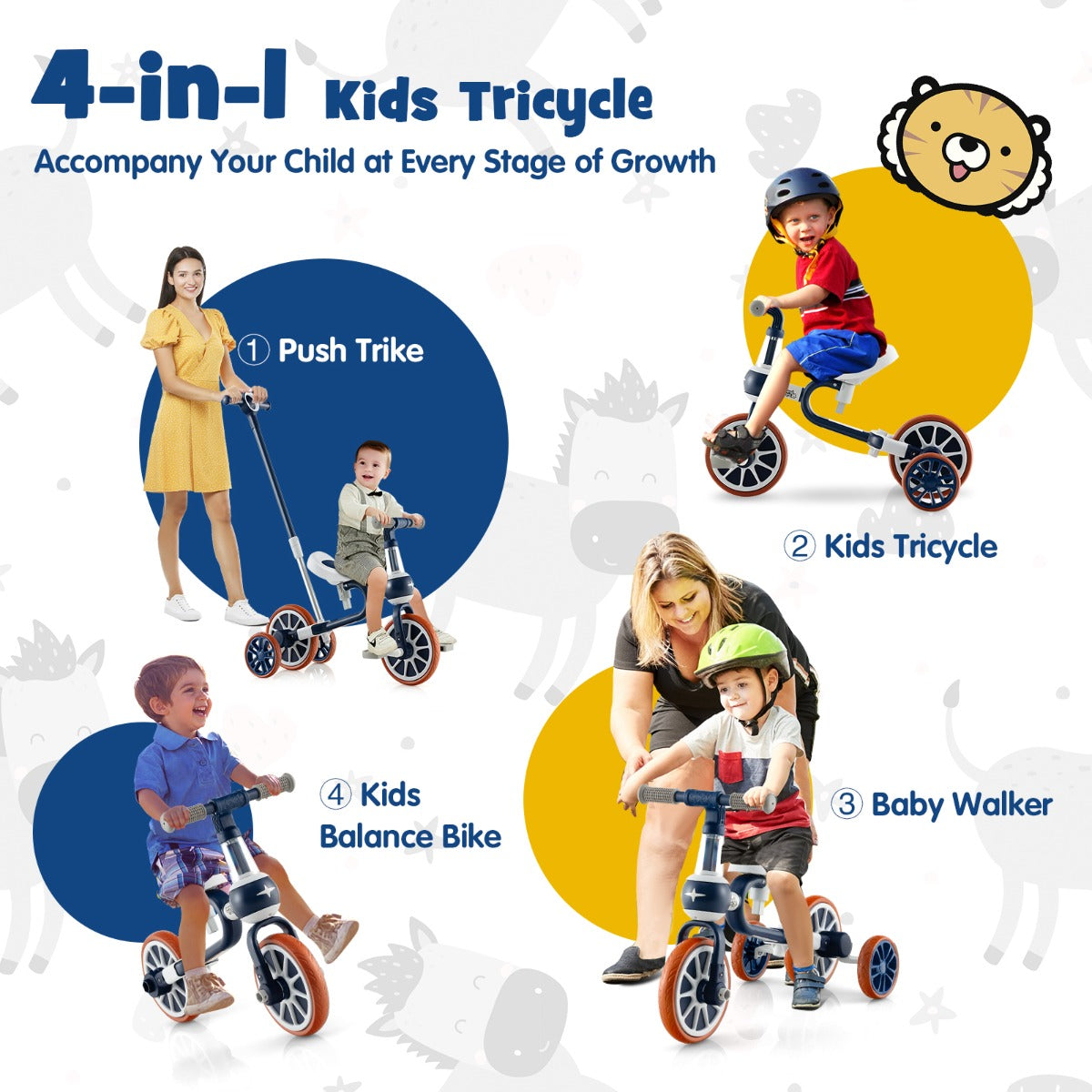 4-in-1 Kids Trike Bike with Adjustable Parent Push Handle for Kids Aged 2-4-Navy