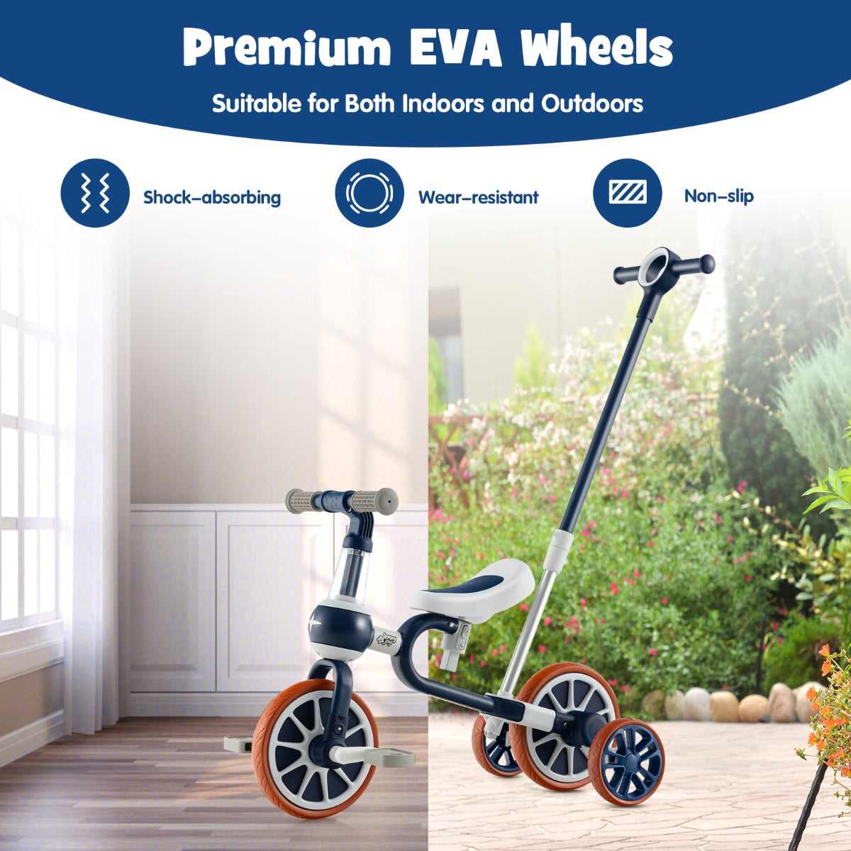 4-in-1 Kids Trike Bike with Adjustable Parent Push Handle for Kids Aged 2-4-Navy