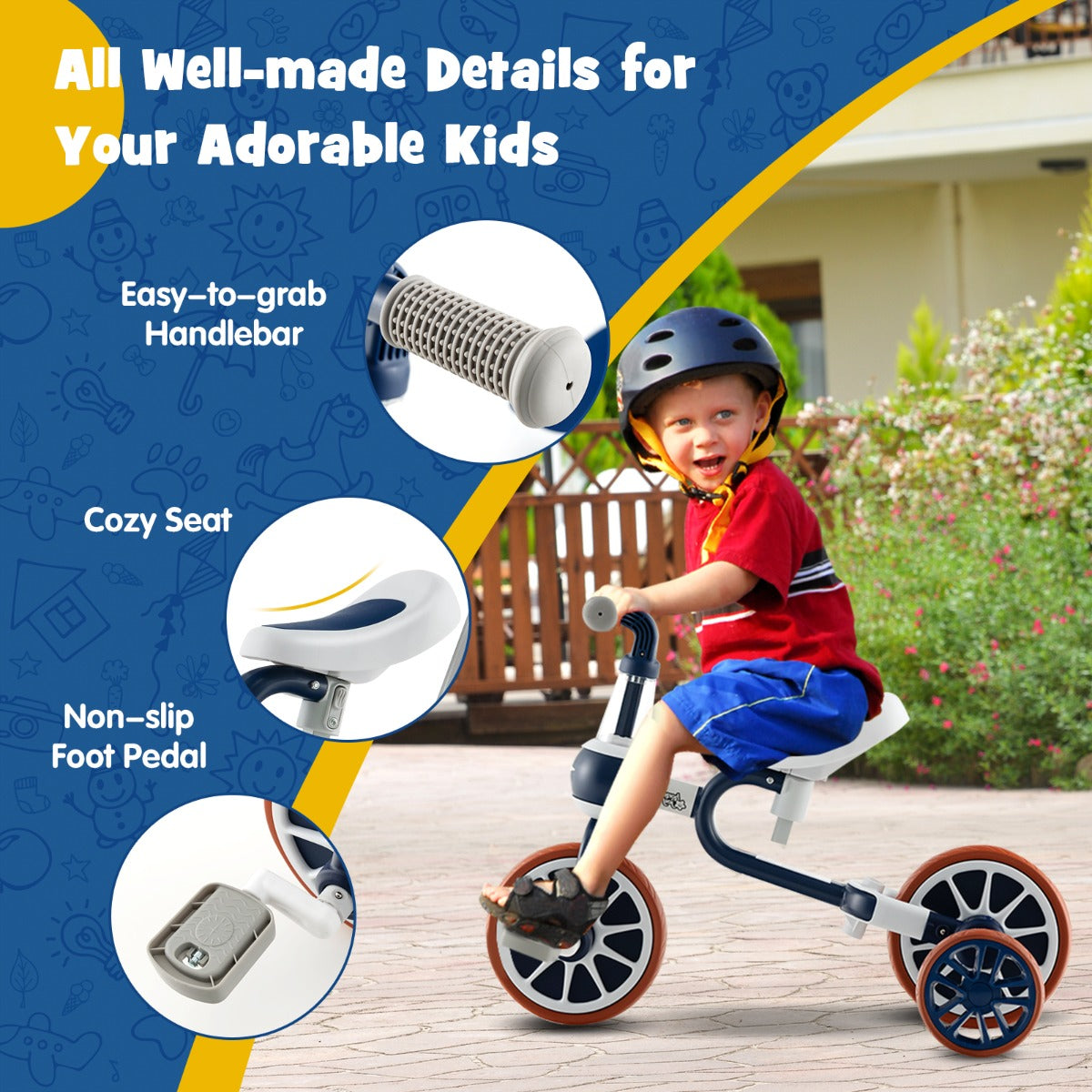 4-in-1 Kids Trike Bike with Adjustable Parent Push Handle for Kids Aged 2-4-Navy