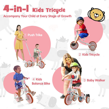 4-in-1 Kids Trike Bike with Adjustable Parent Push Handle for Kids Aged 2-4-Pink