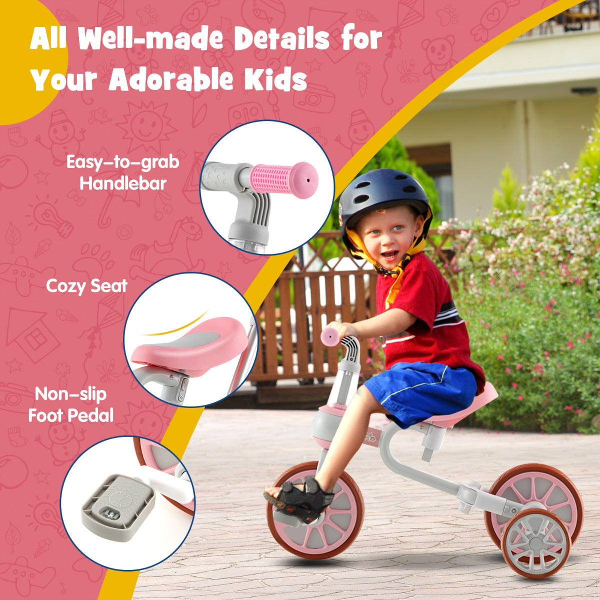 4-in-1 Kids Trike Bike with Adjustable Parent Push Handle for Kids Aged 2-4-Pink