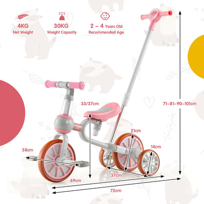 4-in-1 Kids Trike Bike with Adjustable Parent Push Handle for Kids Aged 2-4-Pink